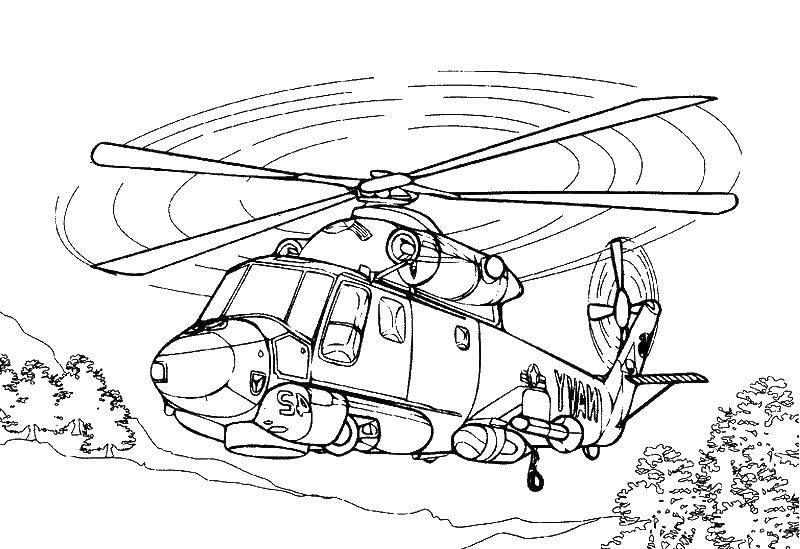 Coloring Helicopter over forest terrain. Category the planes. Tags:  the helicopter, air transport, military.