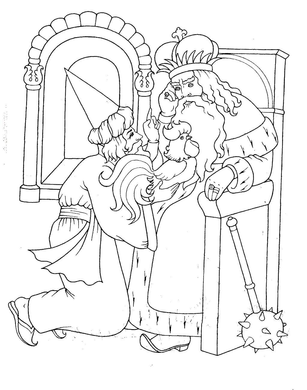 Coloring The wizard with the Golden Cockerel king. Category the tale of Tsar Saltan. Tags:  Wizard, king.