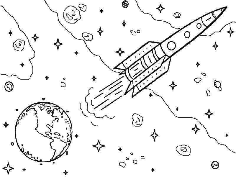 Розмальовки  Ракета летить від землі. Завантажити розмальовку ракета, зірки, космос, небо.  Роздрукувати ,ракета,