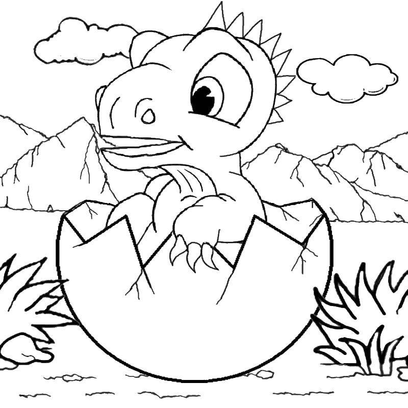 Название: Раскраска Детеныш динозавра вылупился из яйца. Категория: парк юрского периода. Теги: детеныш, динозавр.