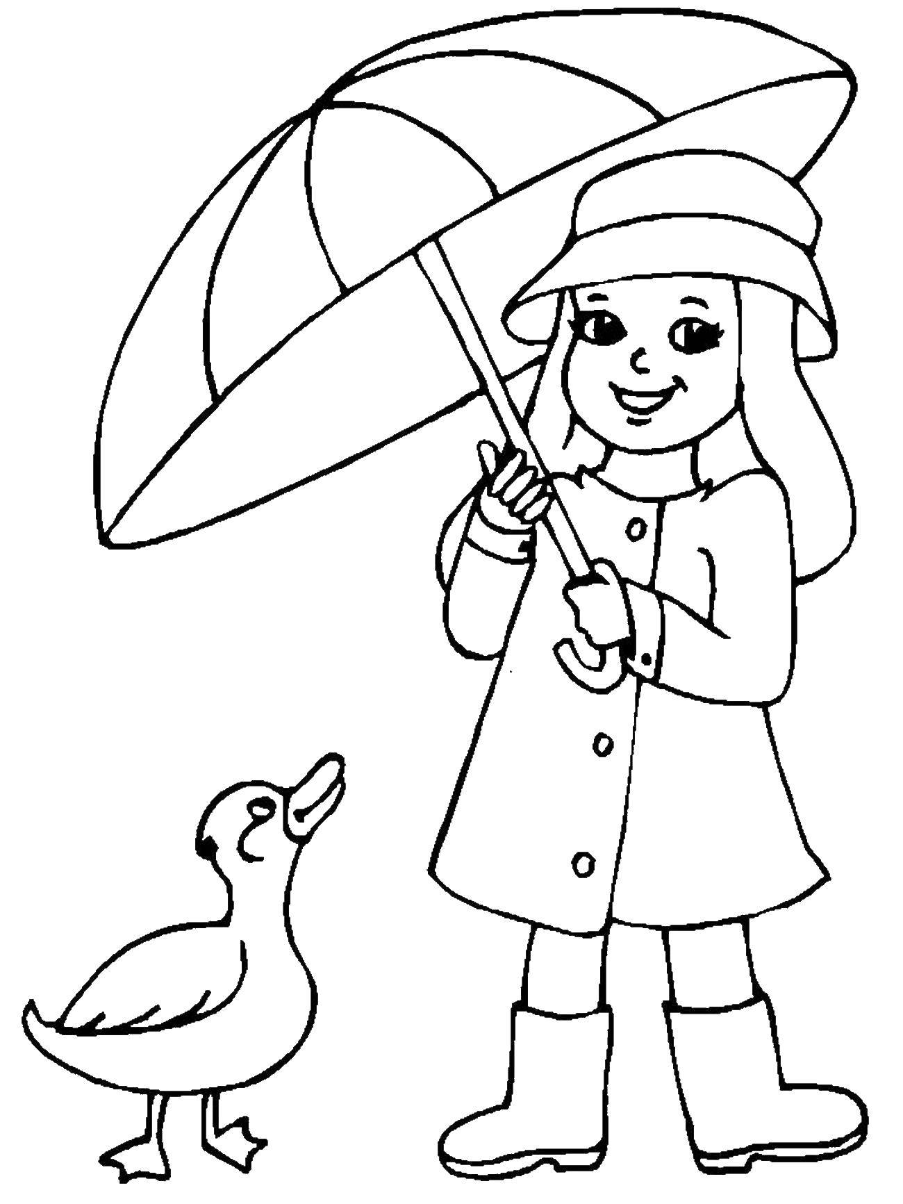 Название: Раскраска Девочка под зонтом и уточка. Категория: дети. Теги: дети, девочка, зонт, уточка.