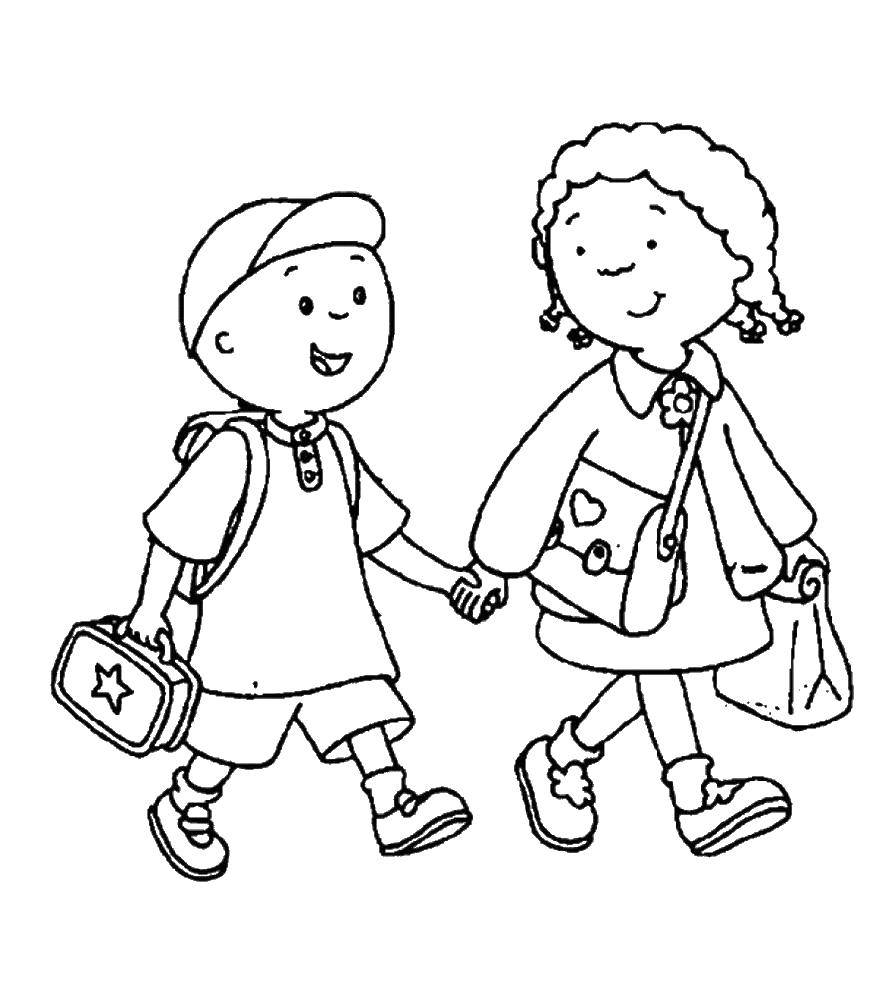 Coloring Boy and girl go to school. Category school. Tags:  school, boy, girl.