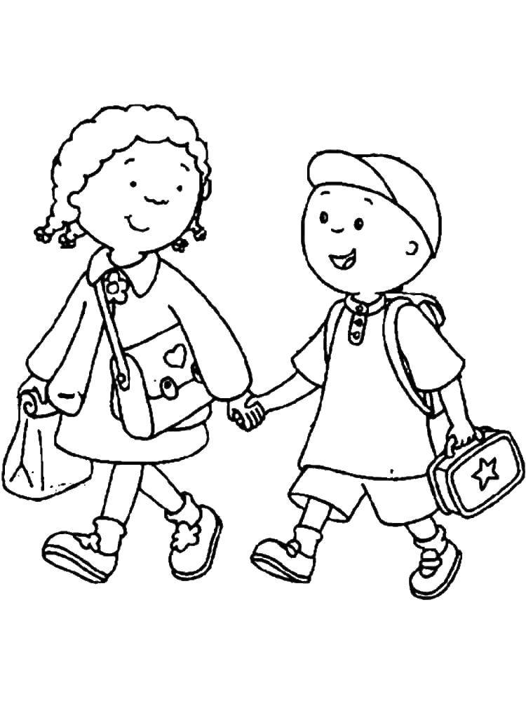 Coloring Boy and girl go to school. Category school. Tags:  school, children.