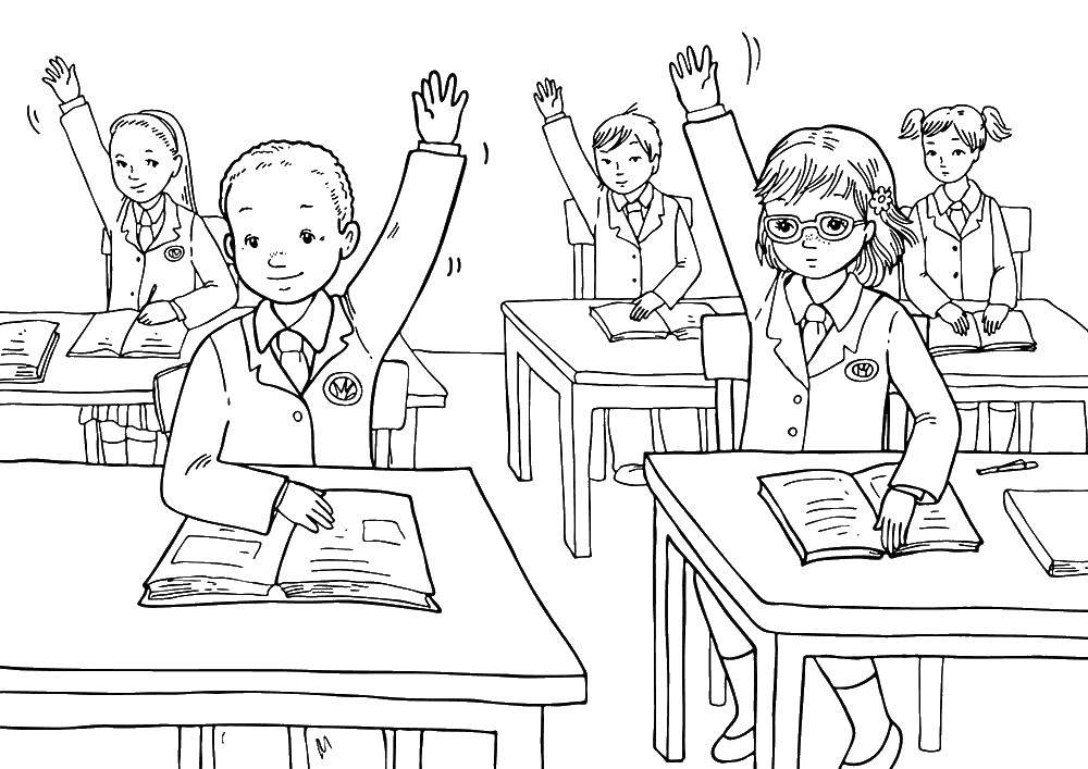 Coloring Students raise their hands. Category school. Tags:  school, school children.