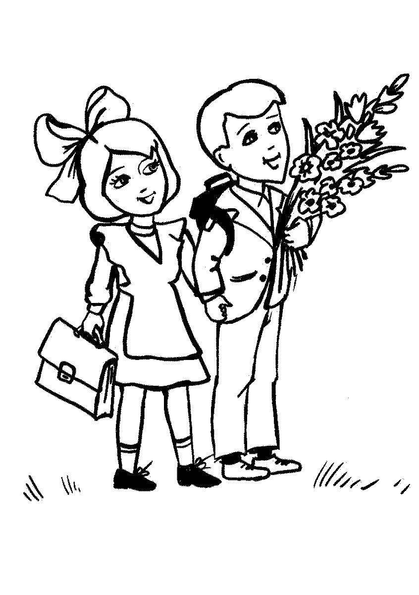 Coloring Students with flowers. Category school. Tags:  Skolnick, flowers.