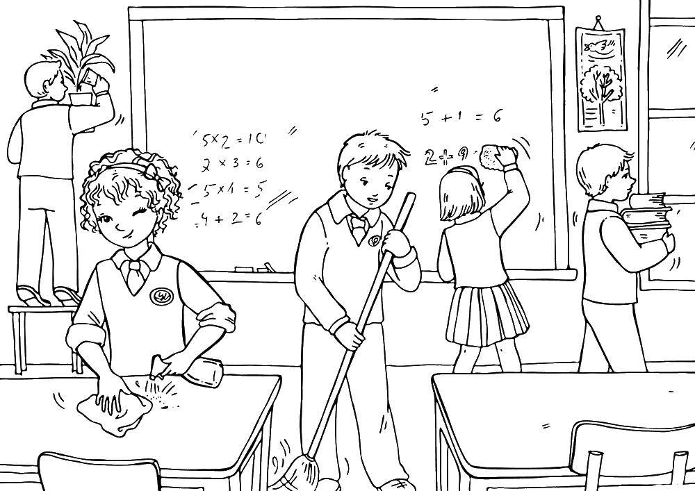 Coloring Pupils clean class. Category school. Tags:  school, classroom, students.
