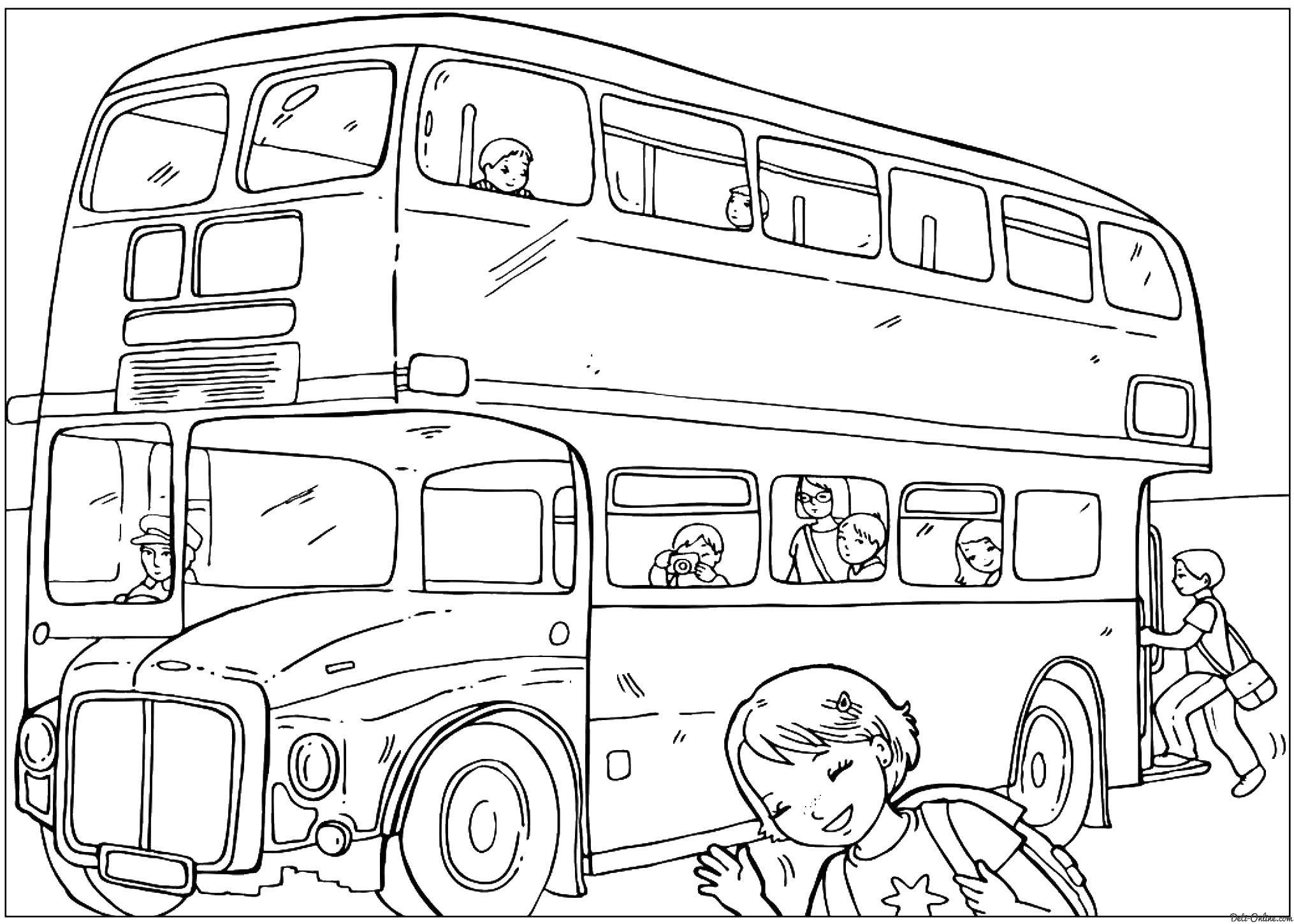 Название: Раскраска Дети садятся в автобус. Категория: англия. Теги: автобус, школа.