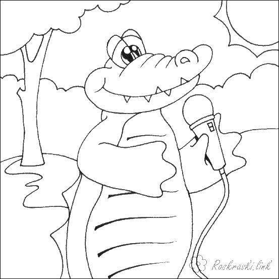 Coloring Crocodile with a microphone. Category reptiles. Tags:  reptile, crocodile, microphone.