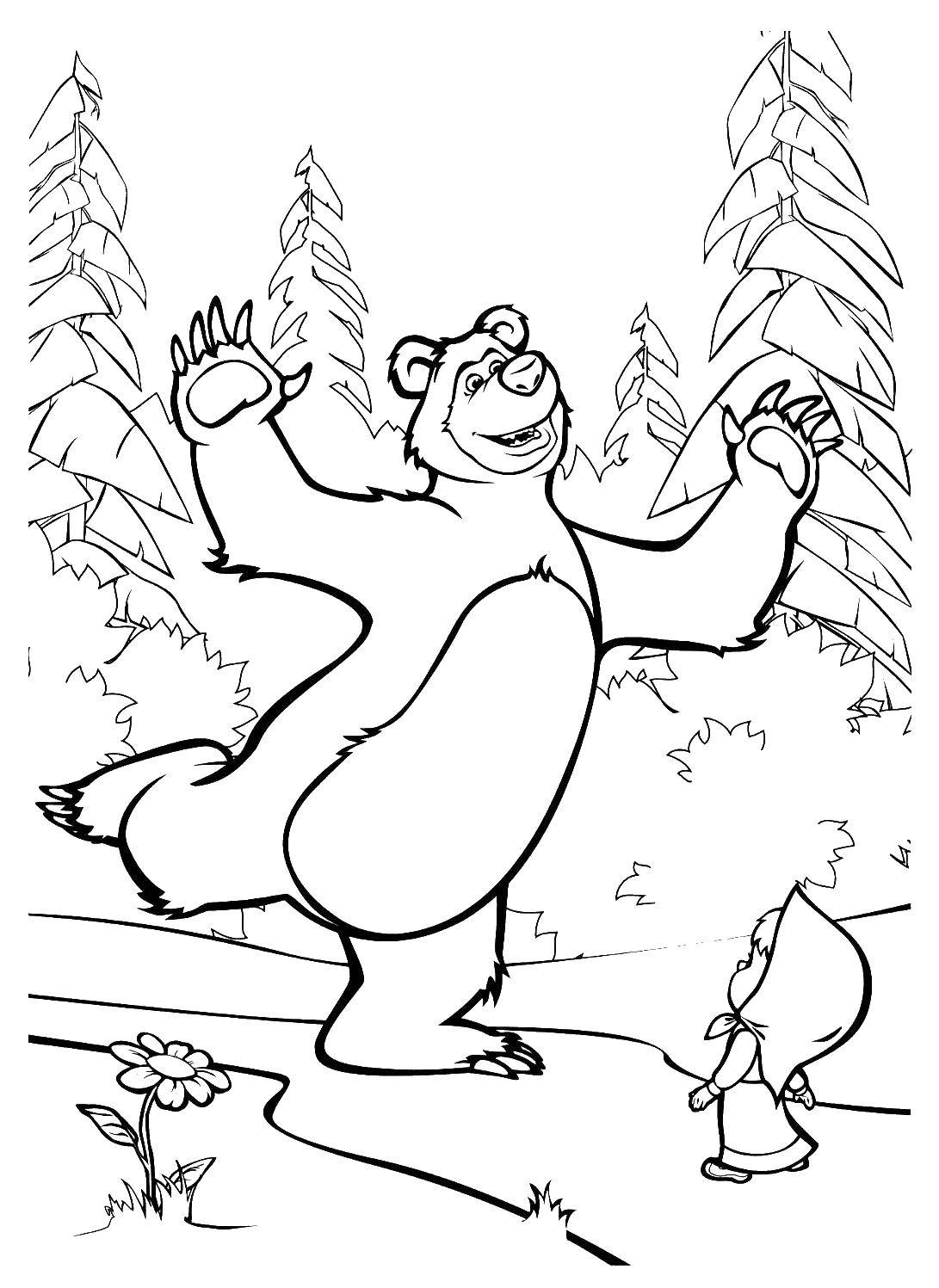 Розмальовки  Ведмідь танцює перед машею. Завантажити розмальовку маша, ведмідь, дівчинка, ліс.  Роздрукувати ,маша і ведмідь,