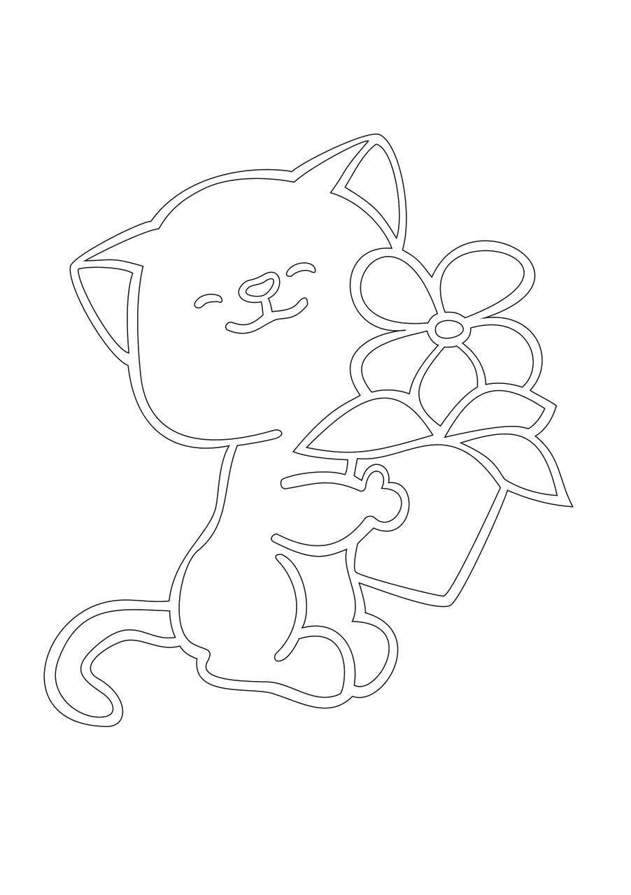 Розмальовки  Розфарбуй кошеня з квіточкою. Завантажити розмальовку Тварини, кошеня.  Роздрукувати ,для вітражних фарб,