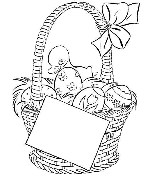 Coloring Basket with eggs. Category coloring. Tags:  basket, egg, duck, bow.