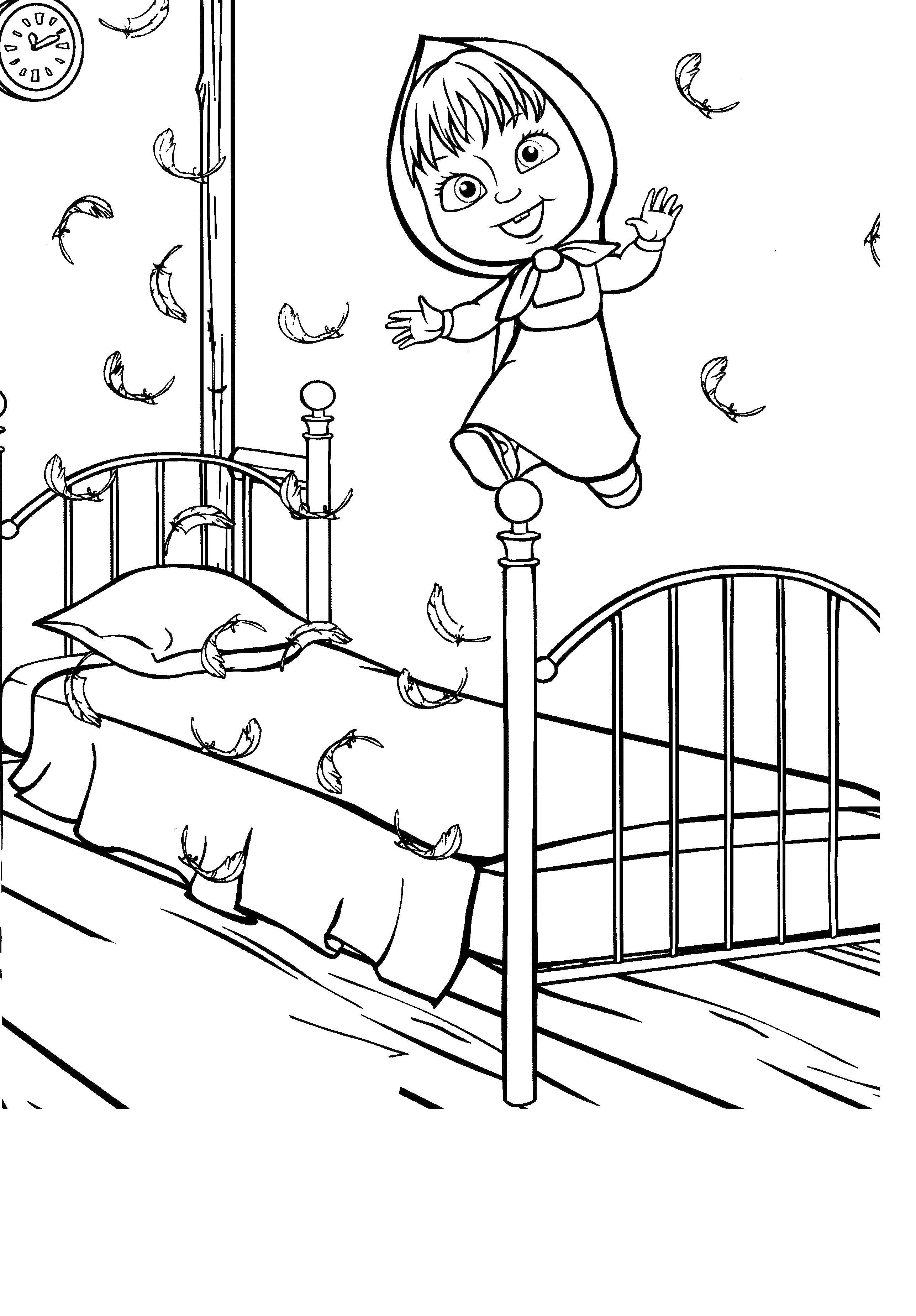 Coloring Masha and the bed. Category Masha and the bear. Tags:  Masha, bed, pillow, feathers.