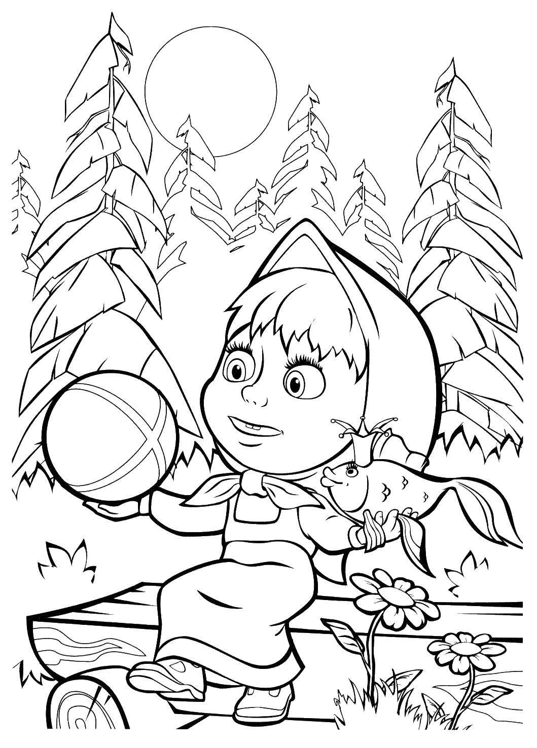 Coloring Masha and the goldfish. Category Masha and the bear. Tags:  Masha, ball, fish, forest.