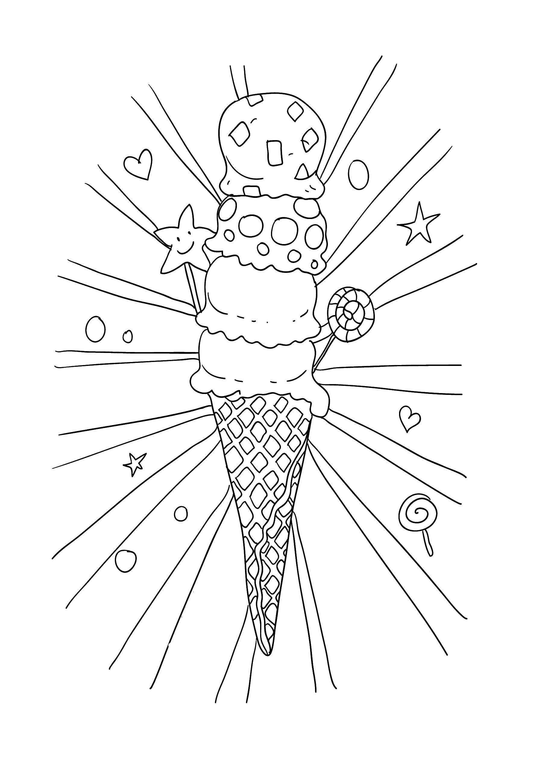Название: Раскраска Четыре шарика мороженого. Категория: мороженое. Теги: мороженое, рожок, вафля.