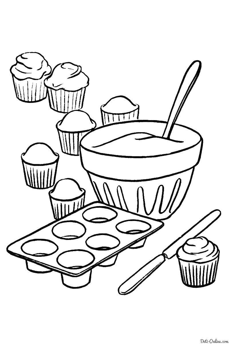 Название: Раскраска Формы и тесто для кексов. Категория: сладости. Теги: кексы, тесто, чашка, лож.