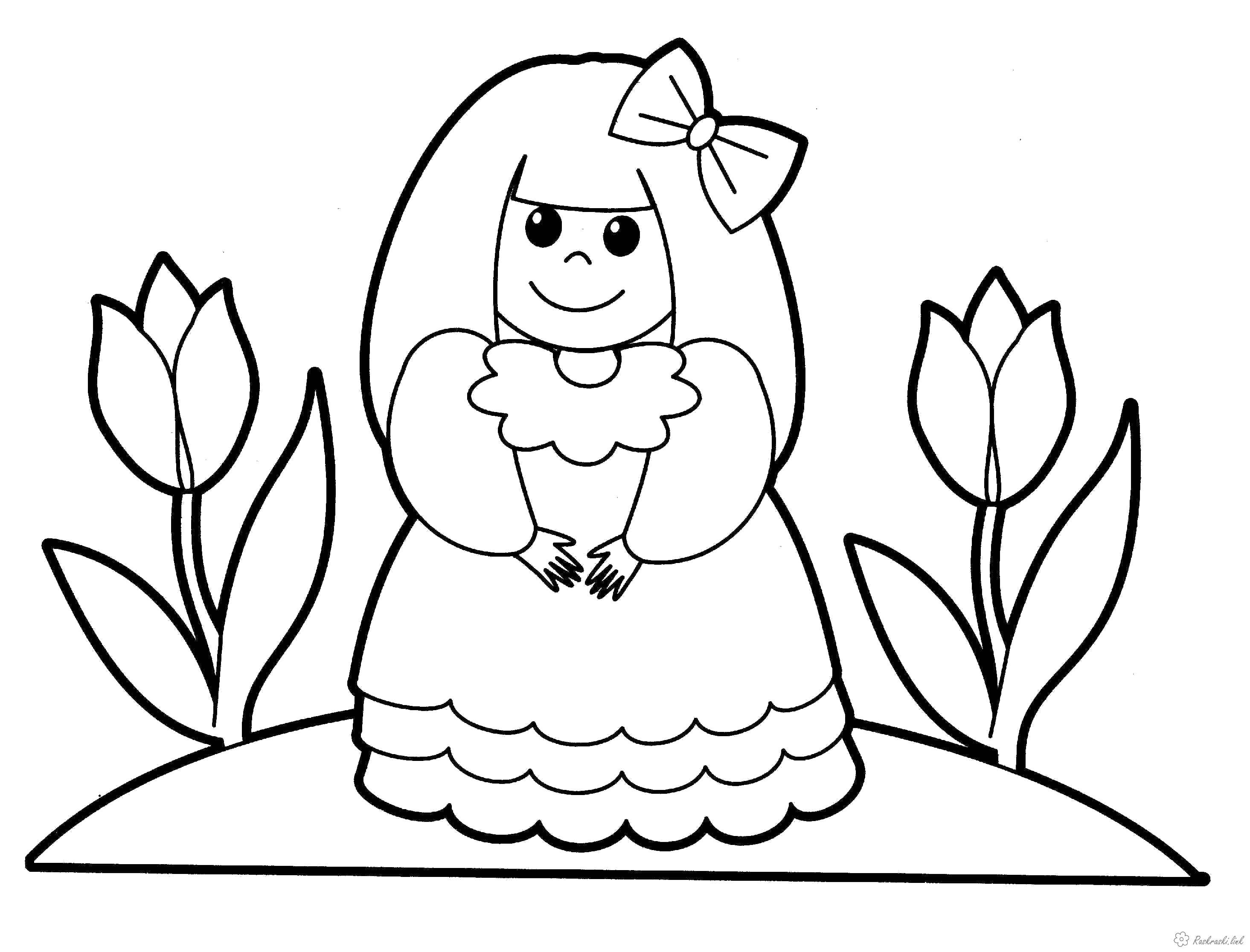 Coloring The girl at tulips. Category flowers. Tags:  Flowers, tulips.