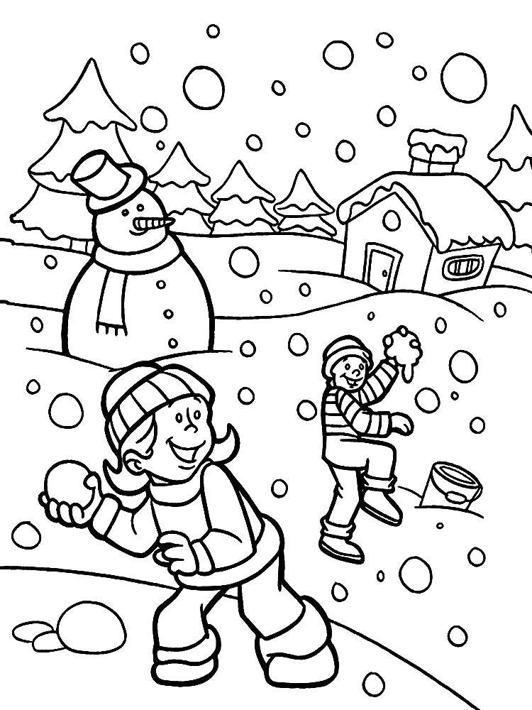 Название: Раскраска Игры в снежки зимой. Категория: зима. Теги: Зима, дети, снег, веселье.