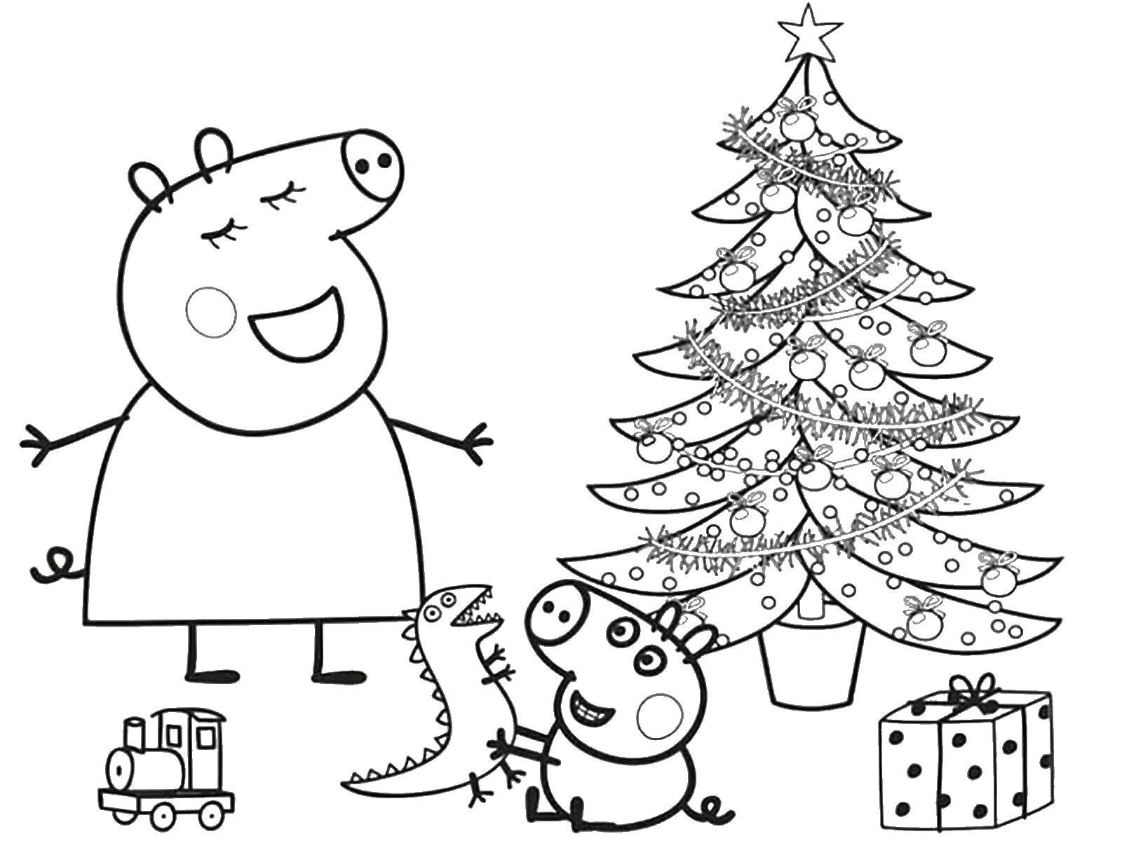 Название: Раскраска Свинка пеппа и рождество. Категория: Свинка Пеппа. Теги: пеппа, елка, подарки.