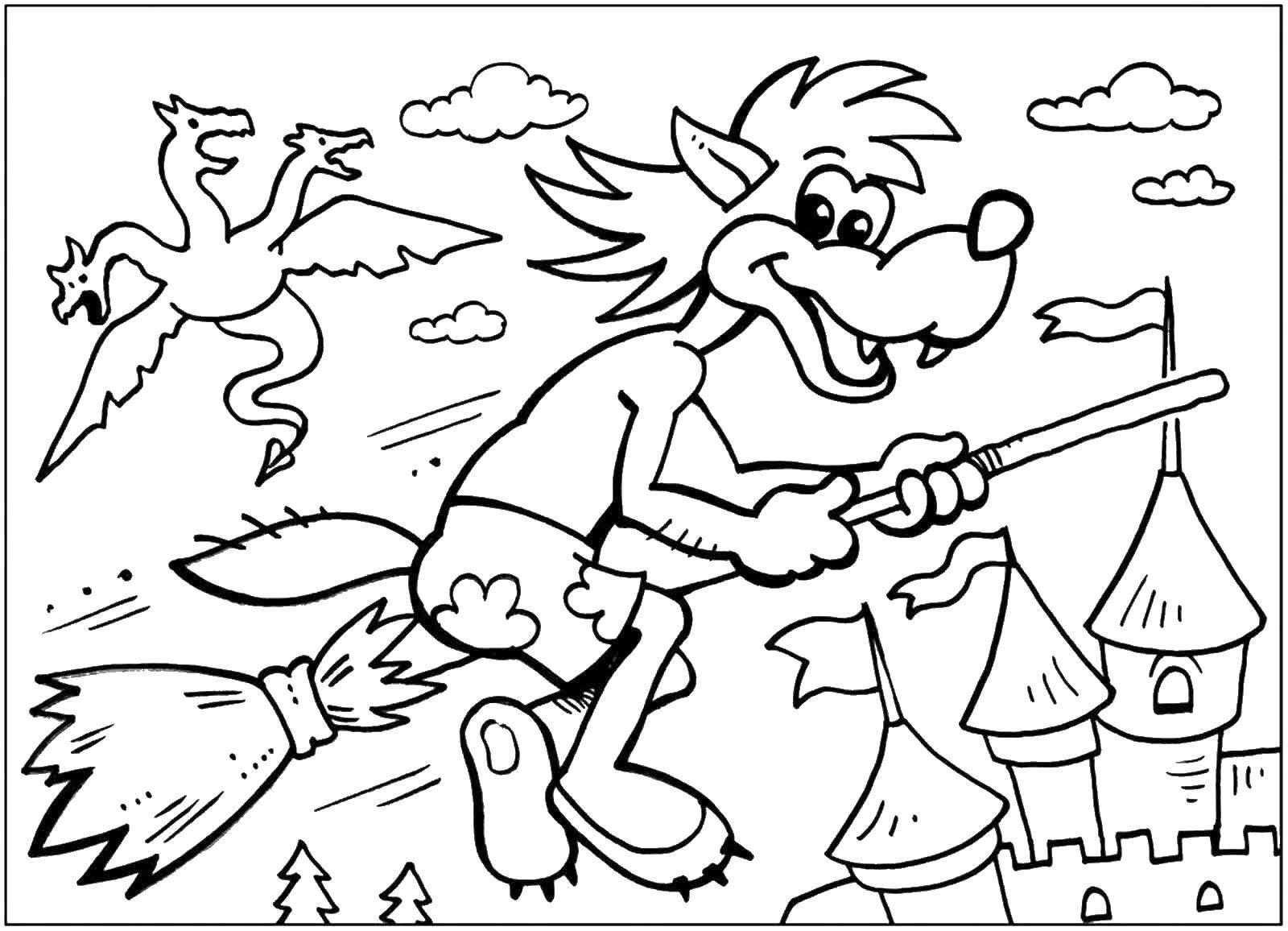 Coloring Wolf on a broomstick. Category just wait. Tags:  Cartoon character, Wolf, just you Wait! .
