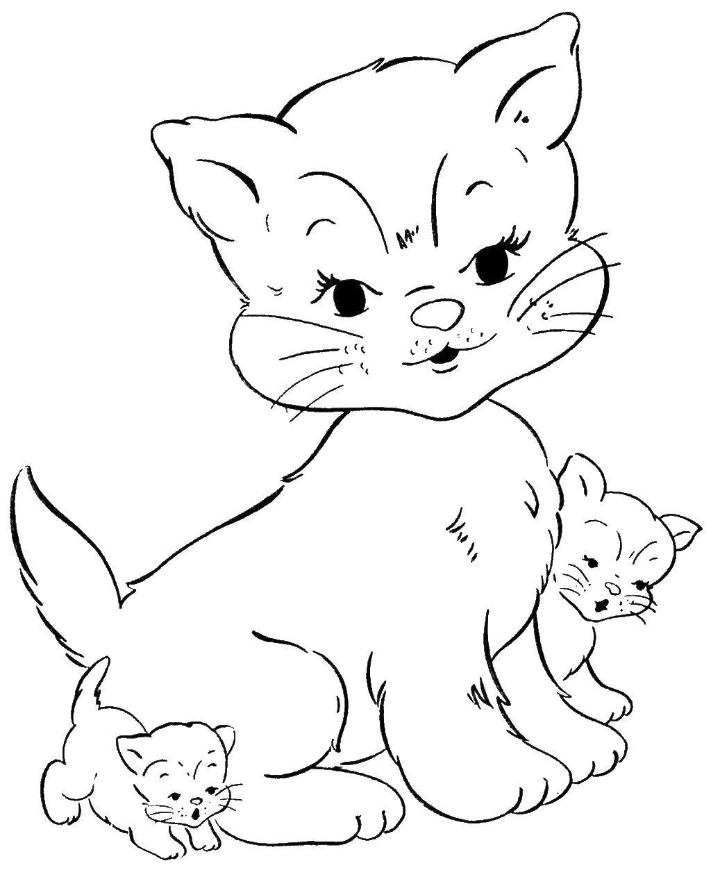 Название: Раскраска Котята любят маму. Категория: котики. Теги: Животные, котёнок.
