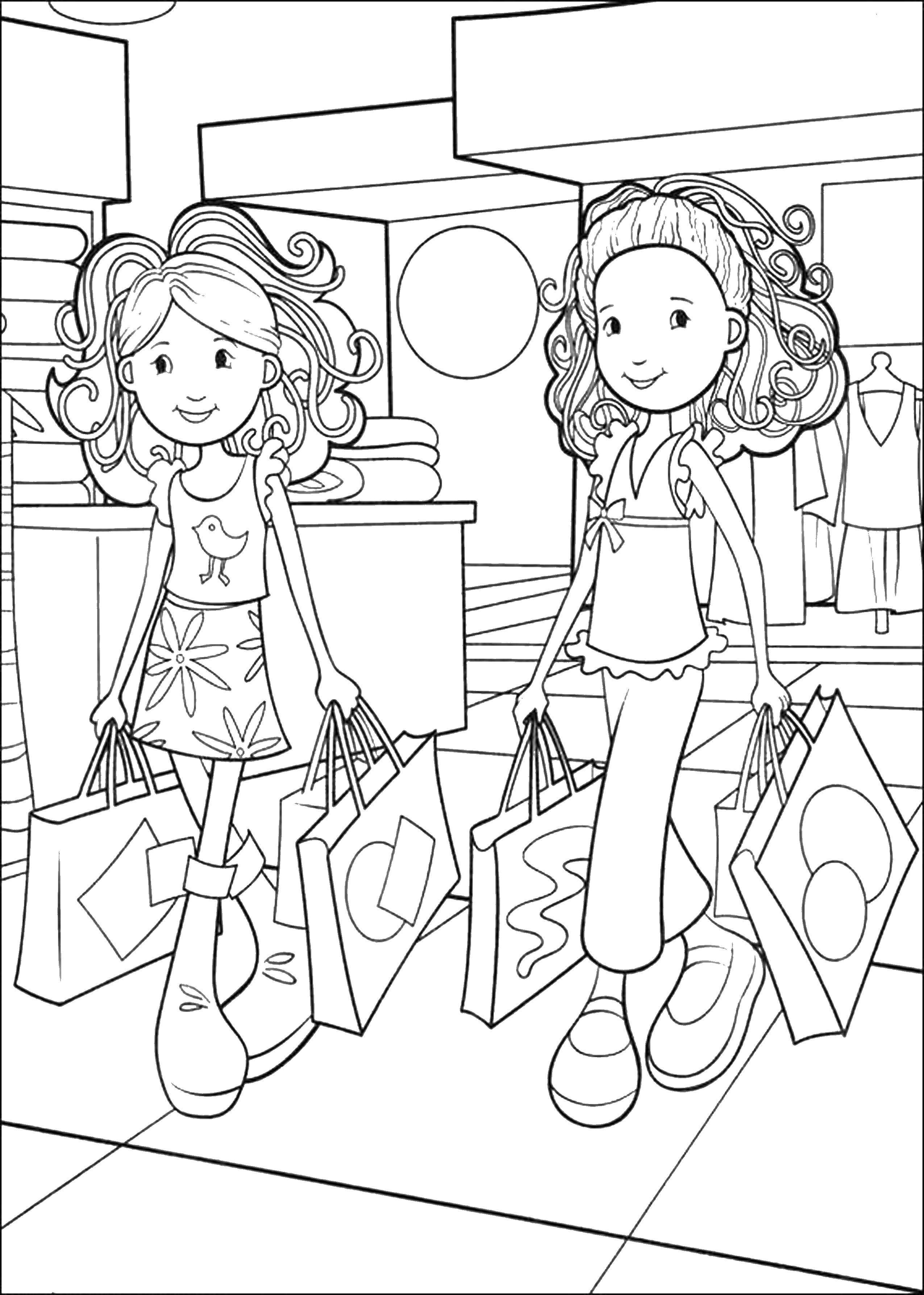 Название: Раскраска Две подруги в магазине с покупками. Категория: раскраски для девочек. Теги: девочки, шоппинг, подружки, магазин.