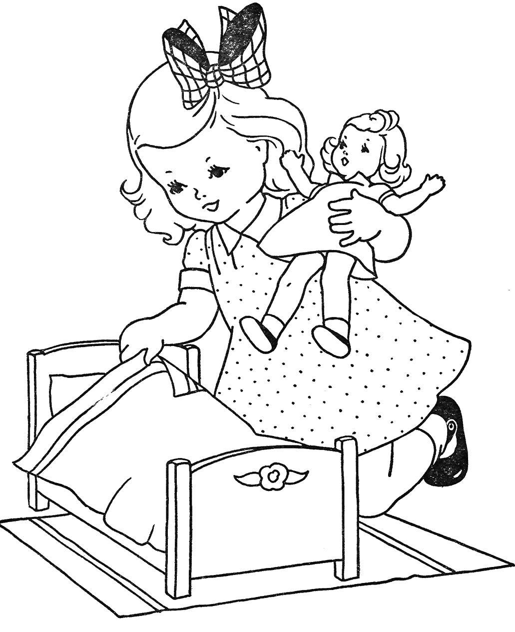 Название: Раскраска Девочка укладывает куклу спать. Категория: одежда и кукла. Теги: Игрушка, кукла.