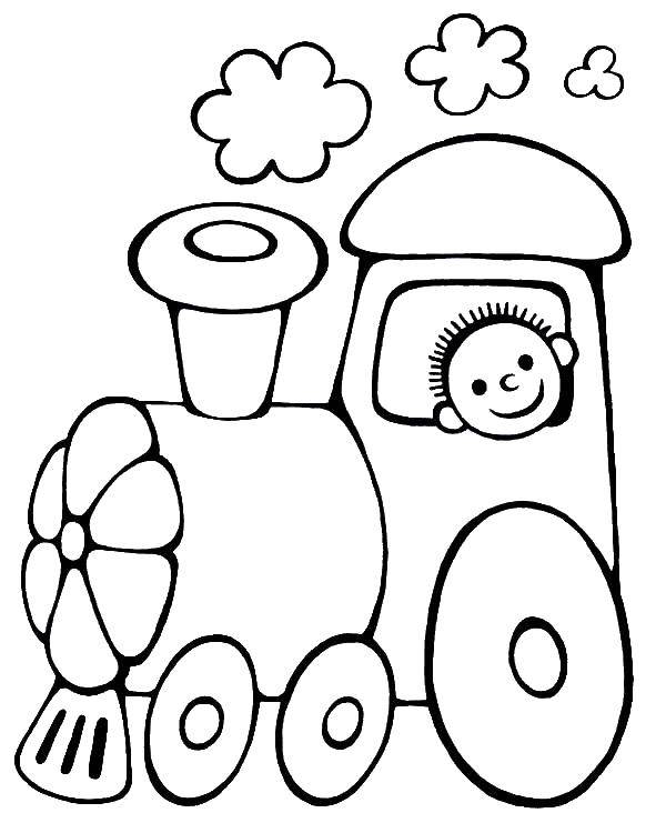 Название: Раскраска Мальчик едет на паровозике. Категория: малышам. Теги: Транспорт, паровоз.