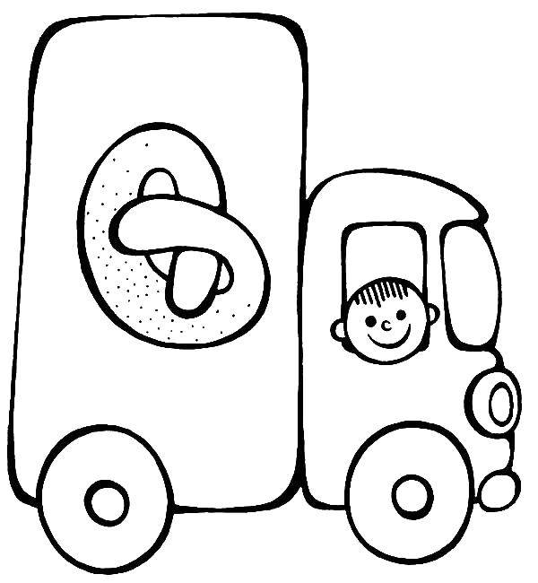 Название: Раскраска Водитель везет рогалики. Категория: малышам. Теги: Транспорт, грузовик.