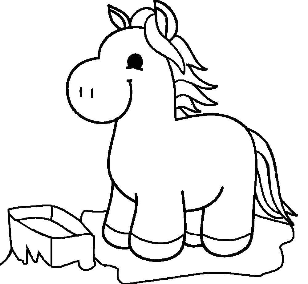 Название: Раскраска Лошадка у тары с водой. Категория: Раскраски для малышей. Теги: пони, лошадка. животные.