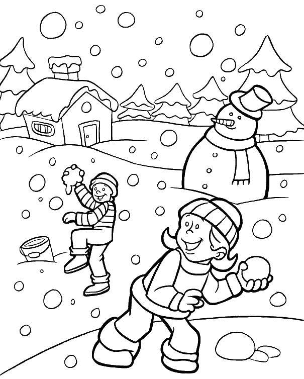 Название: Раскраска Мальчик и девочка играют в снежки. Категория: зимние развлечения. Теги: дети, снег, снеговик.