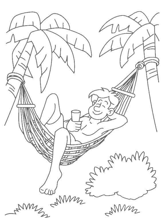Опис: розмальовки  Хлопець відпочиває на гамаку. Категорія: Літо. Теги:  літо, хлопець, відпочинок, гамак.