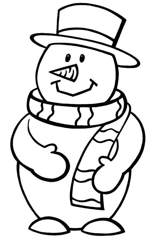 Розмальовки  Сніговик в капелюсі. Завантажити розмальовку сніговик, капелюх, шарф, морквина.  Роздрукувати ,Різдво,