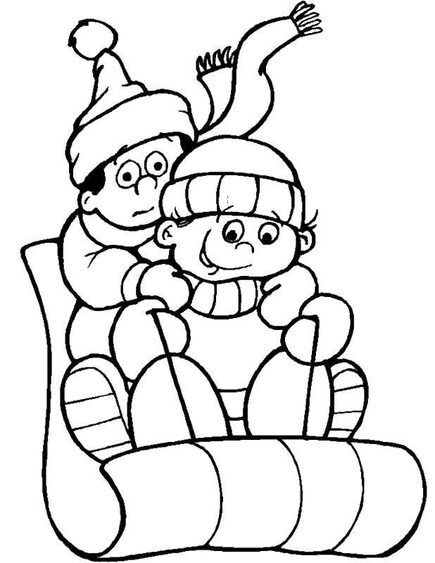 Coloring Children sledding. Category coloring winter. Tags:  winter, sled, children.