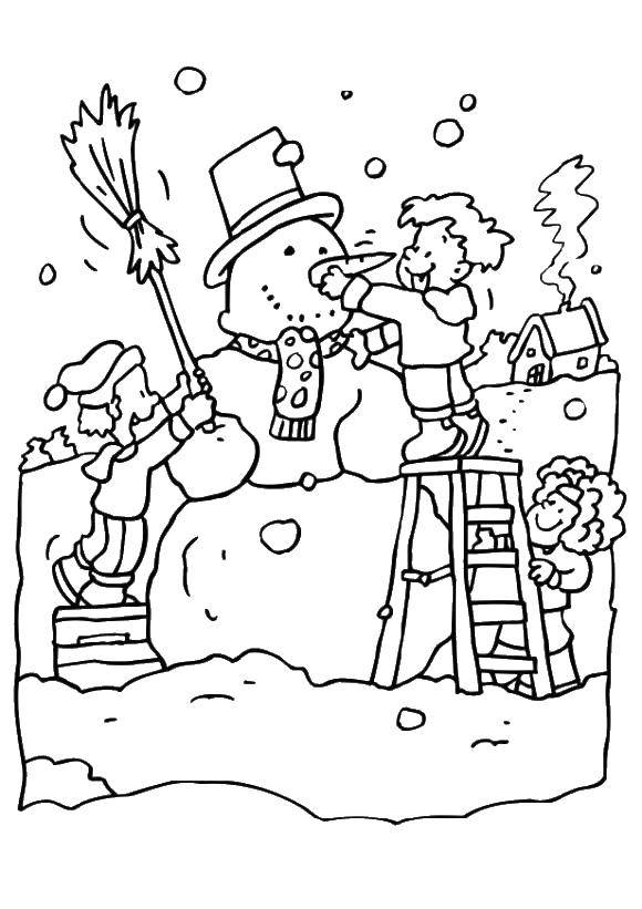 Название: Раскраска Дети лепят снеговика. Категория: раскраски зима. Теги: дети, зима, снег, снеговик.