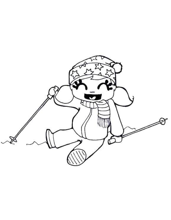 Coloring Girl riding on skis. Category coloring winter. Tags:  winter, ski, girl.