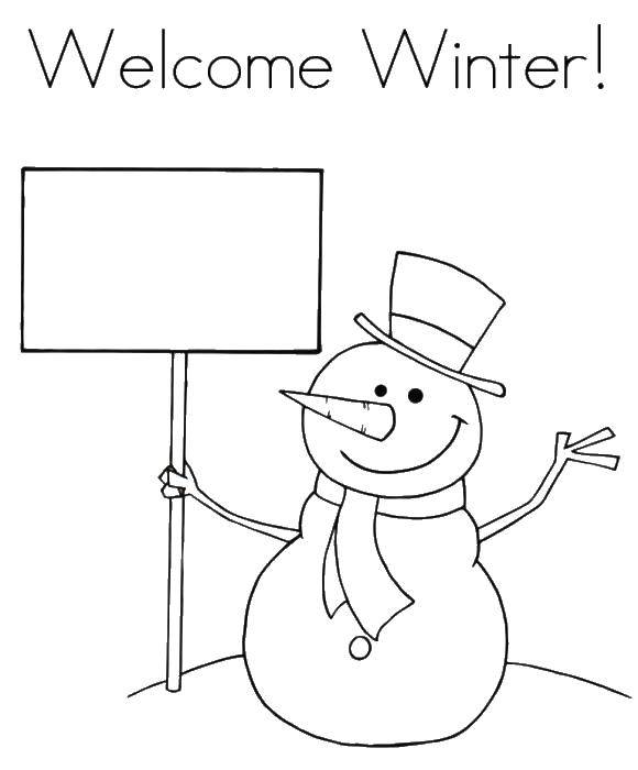 Название: Раскраска Добро пожаловать, зима. Категория: раскраски зима. Теги: зима, снег, снеговик.