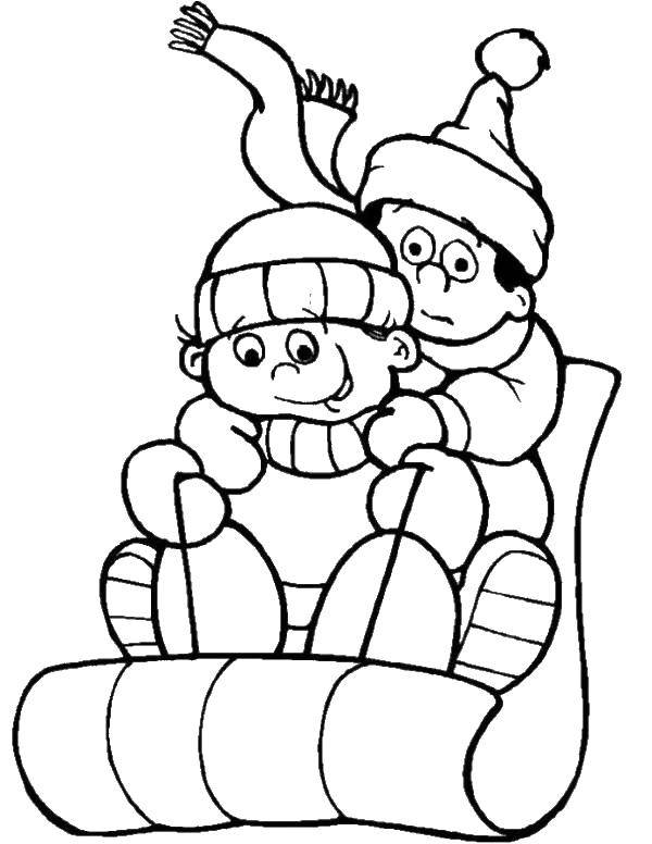 Coloring Riding on a sleigh. Category coloring winter. Tags:  Winter, children, snow, fun.