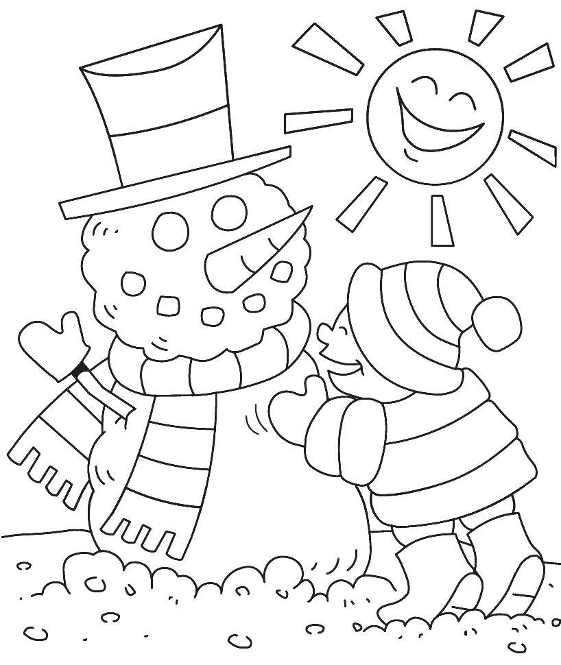 Название: Раскраска Лепка снеговичка на солнышке. Категория: раскраски зима. Теги: Зима, дети, снег, веселье.
