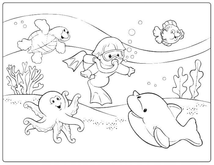 Coloring Boy scuba diver and marine animals. Category the sea. Tags:  marine animals, water, sea, fish, scuba diver.
