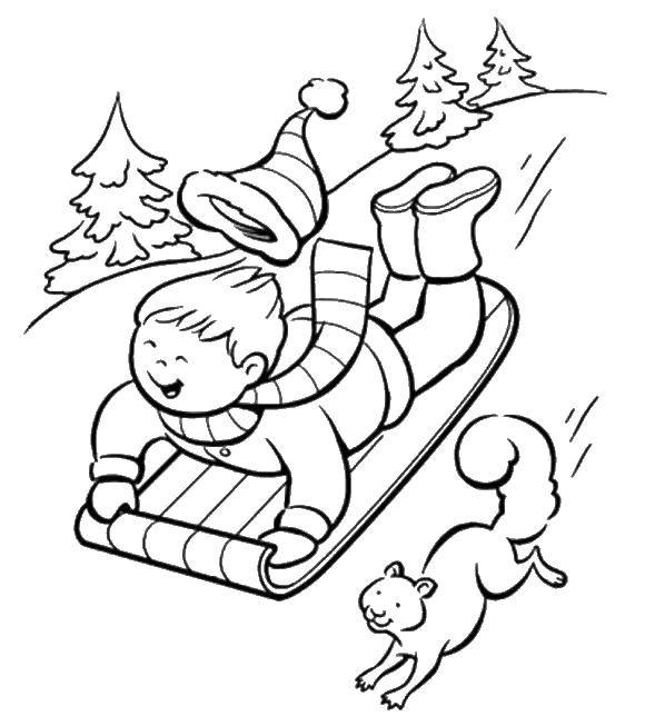 Название: Раскраска Мальчик на санках и белочка. Категория: раскраски зима. Теги: зима, санки, белочка, мальчик.