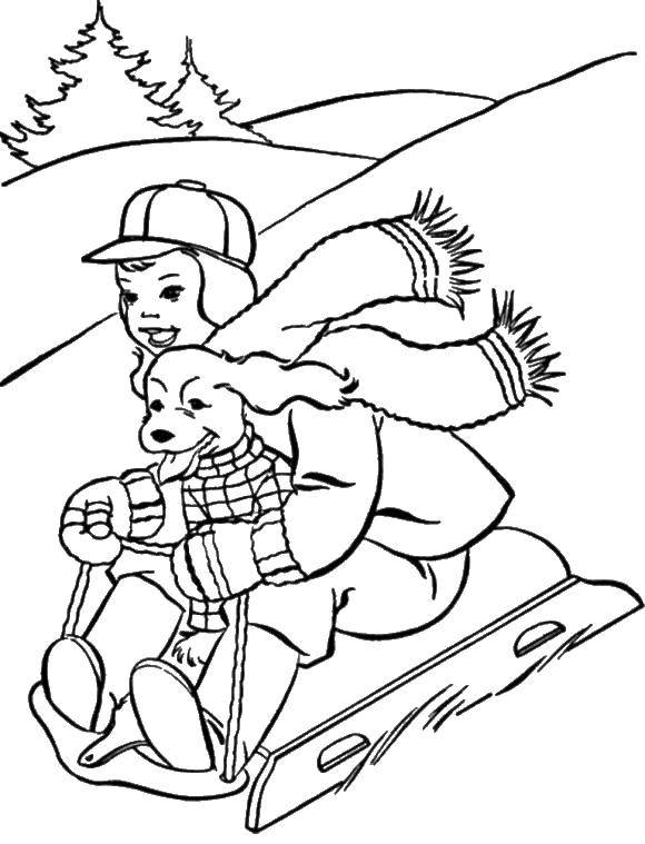 Название: Раскраска Мальчик с собакой на санях. Категория: раскраски зима. Теги: зима, сани, собака, мальчик.