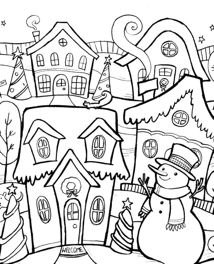 Название: Раскраска Снеговик и дома. Категория: раскраски зима. Теги: зима, снеговик, дома.