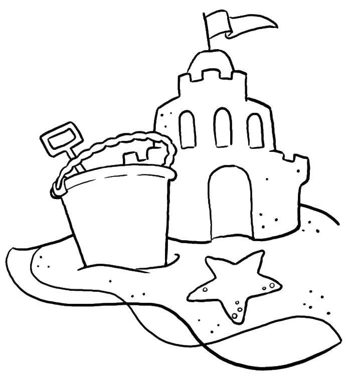 Название: Раскраска Замок на песке. Категория: Лето. Теги: замок, песок, ведро, лопата.