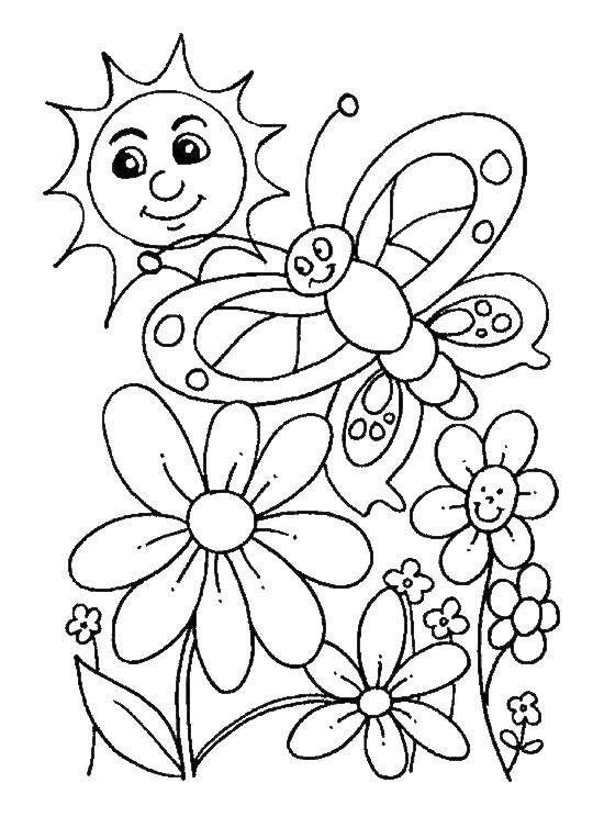 Название: Раскраска Бабочка и солнце. Категория: Весна. Теги: бабочка, цветы, солнце.