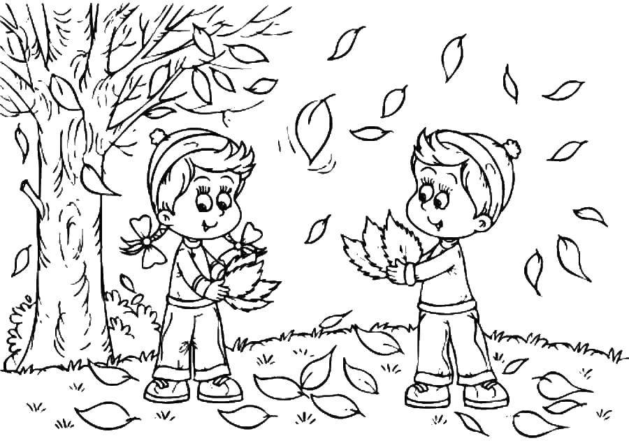 Название: Раскраска Дети и листья. Категория: Осень. Теги: дети, листья, мальчик, девочка.