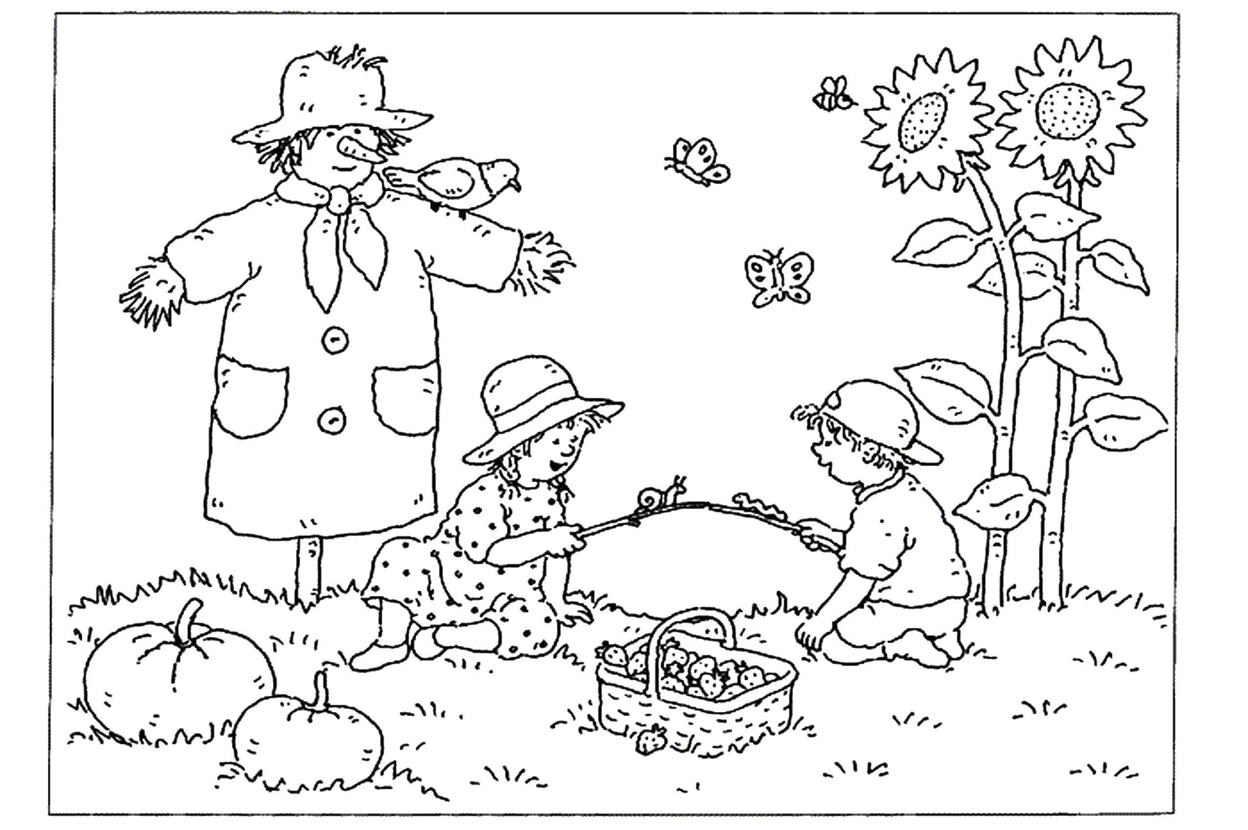 Coloring Children at the picnic. Category Nature. Tags:  nature, children, a Scarecrow.