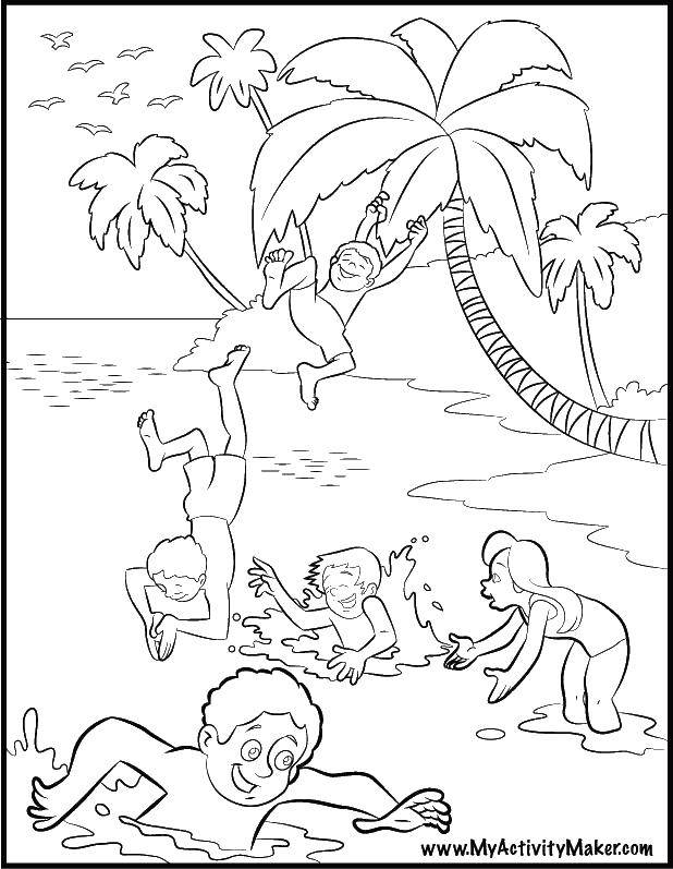 Название: Раскраска Дети прыгают с пальмы. Категория: Лето. Теги: лето, море, дети, пальмы.