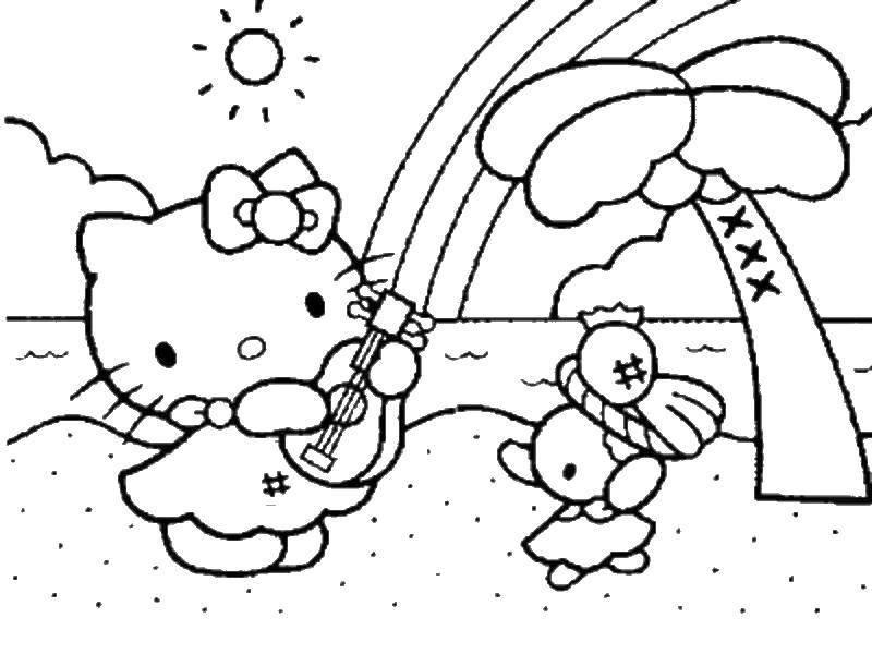 Coloring Hello kitty with a guitar on the beach. Category Summer. Tags:  Hello kitty, guitar, summer, beach.