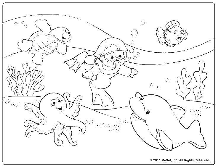 Название: Раскраска Мальчик под водой. Категория: Лето. Теги: мальчик, дельфин, осьминог.