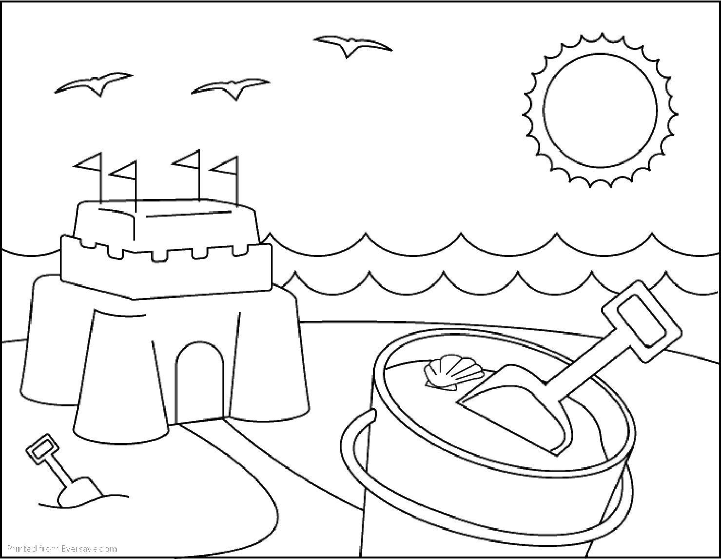 Название: Раскраска Песочный замок и ведро. Категория: Лето. Теги: песок, солнце, ведро.